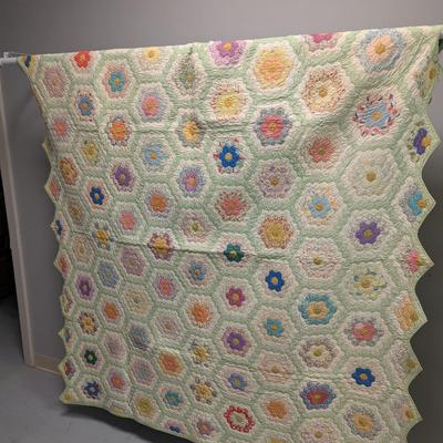 Ca. 1929 Grandmother's Flower Garden Patchwork Quilt 72 x 65 Inches #1