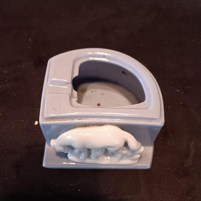 3 GLAZED BISQUE DOGS PLAYING CARDS TOOTHBRUSH HOLDER AND A PORCELAIN ASHTRAY