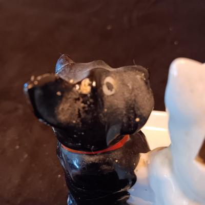 3 GLAZED BISQUE DOGS PLAYING CARDS TOOTHBRUSH HOLDER AND A PORCELAIN ASHTRAY