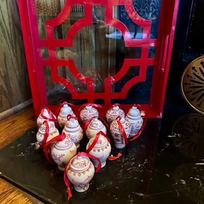RED WHITE GINGER JAR CHRISTMAS ORNAMENT LOT