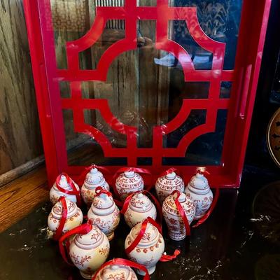 RED WHITE GINGER JAR CHRISTMAS ORNAMENT LOT