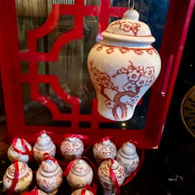 RED WHITE GINGER JAR CHRISTMAS ORNAMENT LOT