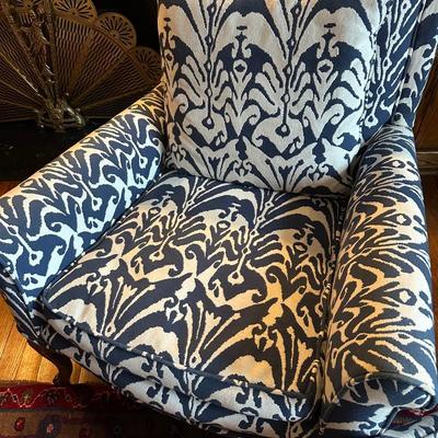 NAVY IKAT UPHOLSTERED ANTIQUE CHAIR