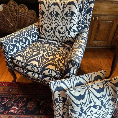 NAVY IKAT UPHOLSTERED ANTIQUE CHAIR