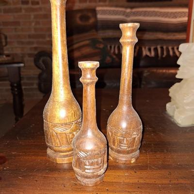 3 Carved Teak Taper Candleholders
