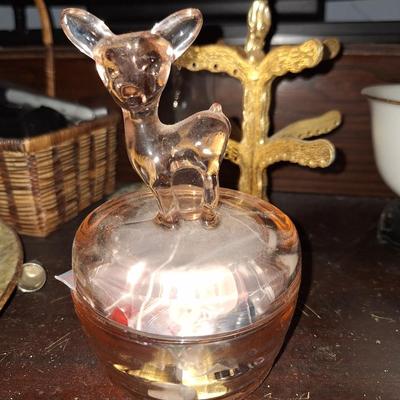 2 Marigold Carnival Glass Deer/Fawn Vanity Powder Jar