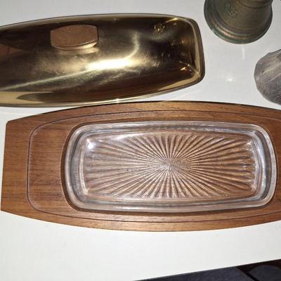 wood base covered butter dish