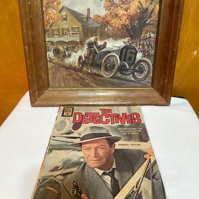The Detectives comic book and vintage Raymond Holland framed decor
