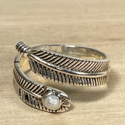 Sterling Feather Wrap Ring with Pearl 9