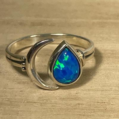 Blue Opal and Sterling Moon Ring