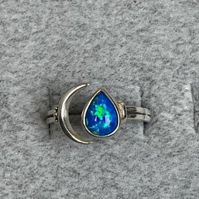 Blue Opal and Sterling Moon Ring