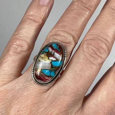 Spiny Oyster and Turquoise Sterling Ring 7