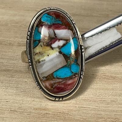 Spiny Oyster and Turquoise Sterling Ring 7