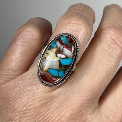Spiny Oyster and Turquoise Sterling Ring 7