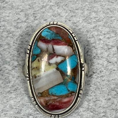 Spiny Oyster and Turquoise Sterling Ring 7