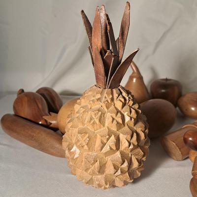 A Delicious Grouping of Wooden Fruit, Leaf Tray & Signed Vase (DR-SD)