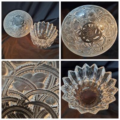 Lalique Crystal Prisms Sparrow Bowl & Orrefors Crystal Fleur Bowl (DR-SD)