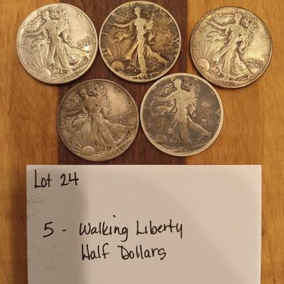 5 walking liberty half dollars