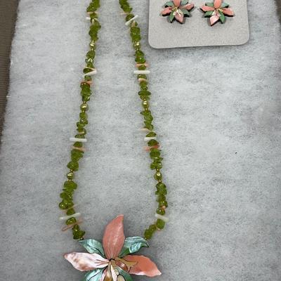 Sale Photo Thumbnail #177: 18” necklace with pierced earrings. Mother of pearl inlay pendant. Peridot chips, pearl and coral beads.