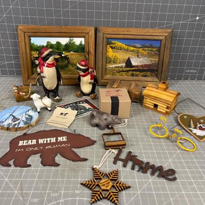 Lot of Rustic Décor' Including Snowbird Ornaments and penguins 