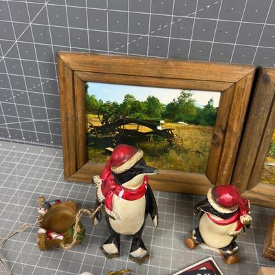 Lot of Rustic Décor' Including Snowbird Ornaments and penguins 