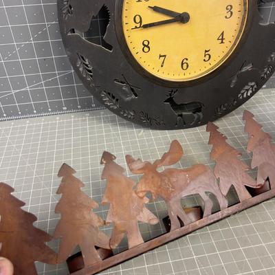 Rustic Metal Moose Clock, Candle Holder & Light