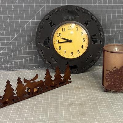 Rustic Metal Moose Clock, Candle Holder & Light