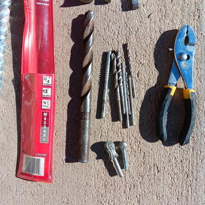 VARIETY OF DRILL BITS, TAPE MEASURE, PLIERS, AWLS AND MORE