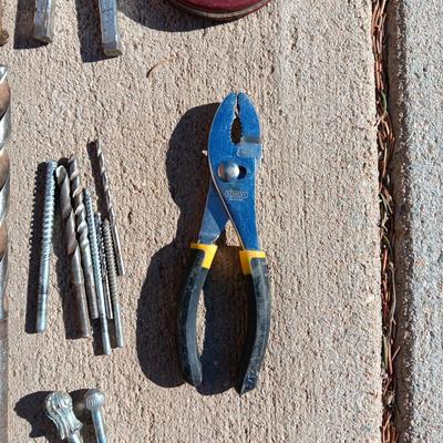 VARIETY OF DRILL BITS, TAPE MEASURE, PLIERS, AWLS AND MORE
