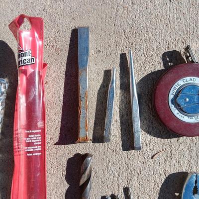 VARIETY OF DRILL BITS, TAPE MEASURE, PLIERS, AWLS AND MORE