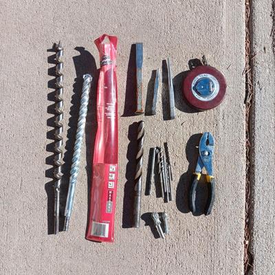 VARIETY OF DRILL BITS, TAPE MEASURE, PLIERS, AWLS AND MORE