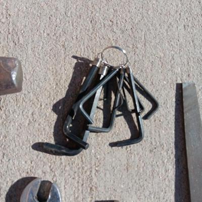 SLEDGE HAMMER, ALLEN WRENCHES, FILE, CRESCENT WRENCH AND VISE GRIPS