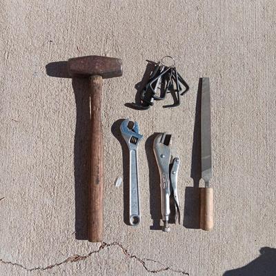 SLEDGE HAMMER, ALLEN WRENCHES, FILE, CRESCENT WRENCH AND VISE GRIPS