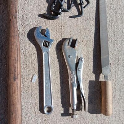 SLEDGE HAMMER, ALLEN WRENCHES, FILE, CRESCENT WRENCH AND VISE GRIPS