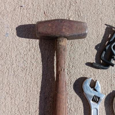 SLEDGE HAMMER, ALLEN WRENCHES, FILE, CRESCENT WRENCH AND VISE GRIPS
