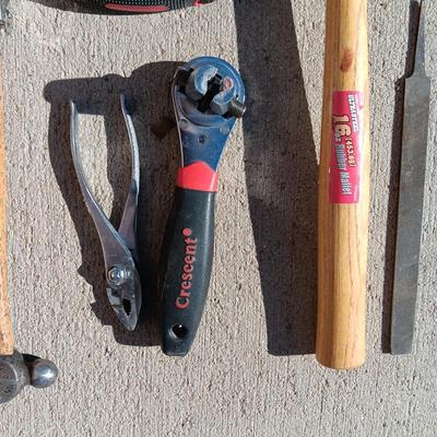 RUBBER MALLET AND PING HAMMER, ALLEN WRENCHES, FILE, CRESCENT WRENCH AND TAPE MEASURE