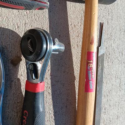 RUBBER MALLET AND PING HAMMER, ALLEN WRENCHES, FILE, CRESCENT WRENCH AND TAPE MEASURE