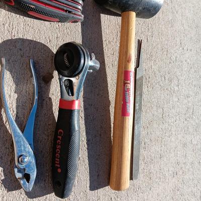 RUBBER MALLET AND PING HAMMER, ALLEN WRENCHES, FILE, CRESCENT WRENCH AND TAPE MEASURE