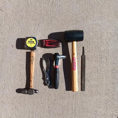 RUBBER MALLET AND PING HAMMER, ALLEN WRENCHES, FILE, CRESCENT WRENCH AND TAPE MEASURE