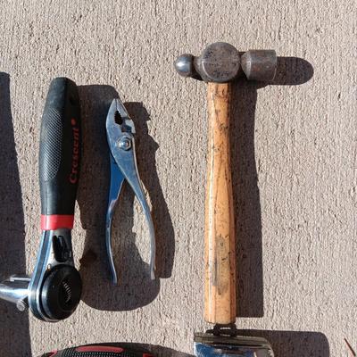 RUBBER MALLET AND PING HAMMER, ALLEN WRENCHES, FILE, CRESCENT WRENCH AND TAPE MEASURE