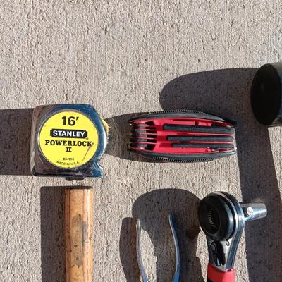 RUBBER MALLET AND PING HAMMER, ALLEN WRENCHES, FILE, CRESCENT WRENCH AND TAPE MEASURE