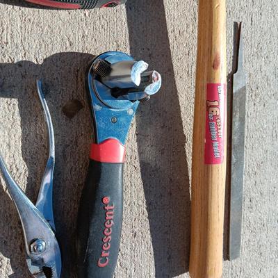 RUBBER MALLET AND PING HAMMER, ALLEN WRENCHES, FILE, CRESCENT WRENCH AND TAPE MEASURE