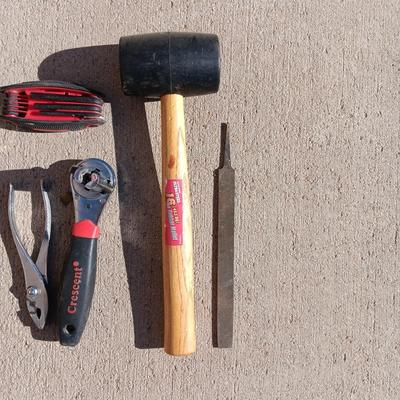 RUBBER MALLET AND PING HAMMER, ALLEN WRENCHES, FILE, CRESCENT WRENCH AND TAPE MEASURE