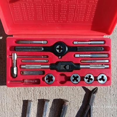 TAP AND ROUND DIE SET, AWLS AND WIRE CUTTERS
