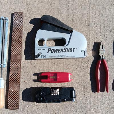 POWER SHOT STAPLE GUN, FILES, MULTI BIT TOOL, WIRE CUTTERS AND SCISSORS