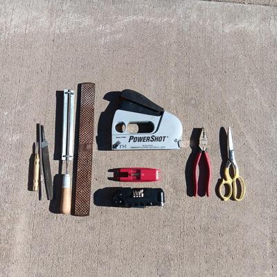POWER SHOT STAPLE GUN, FILES, MULTI BIT TOOL, WIRE CUTTERS AND SCISSORS
