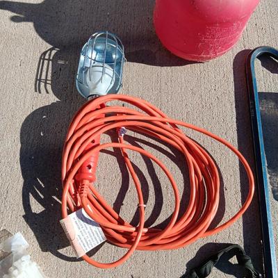 CROW BAR, TROUBLE LIGHT, GAS CAN, BUNGEE CORDS, HEADLIGHT AND ZIP TIES