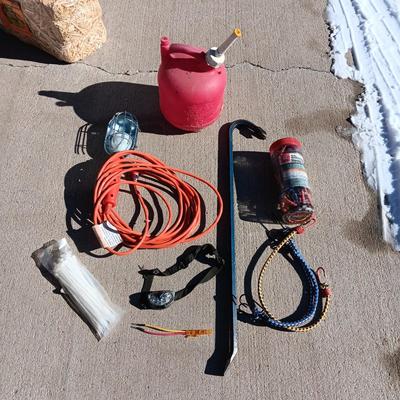 CROW BAR, TROUBLE LIGHT, GAS CAN, BUNGEE CORDS, HEADLIGHT AND ZIP TIES