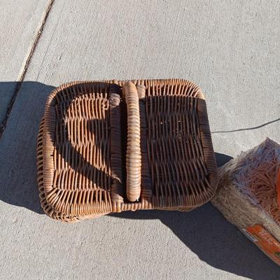 LARGE LIGHTED PUMPKIN, NEW STRAW BALE AND A LARGE WICKER BASKET W/REMOVABLE LID