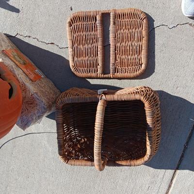 LARGE LIGHTED PUMPKIN, NEW STRAW BALE AND A LARGE WICKER BASKET W/REMOVABLE LID